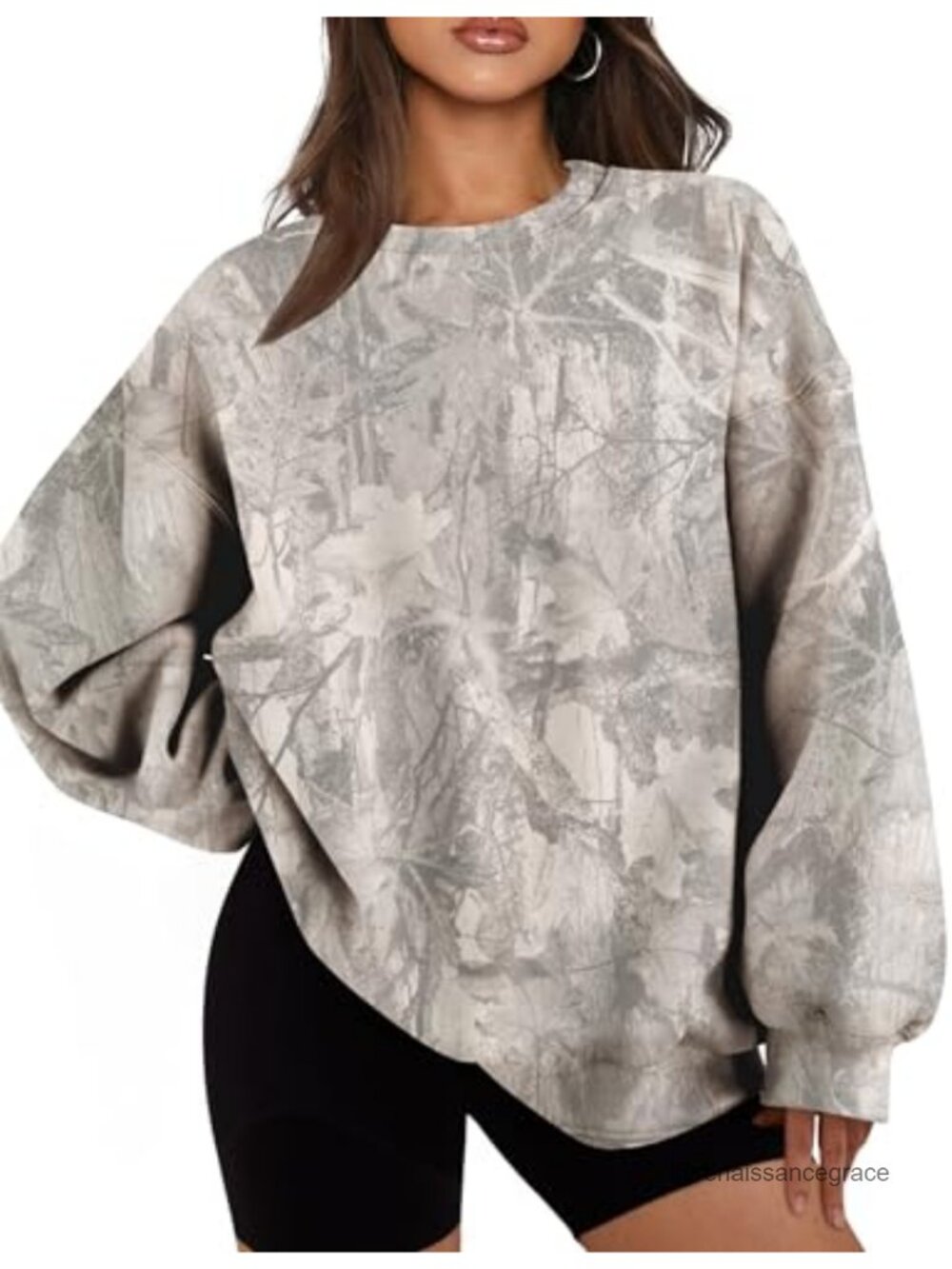 Oversized Camo Maple Leaf Print Crewneck Sweatshirt Fleece Lined Women